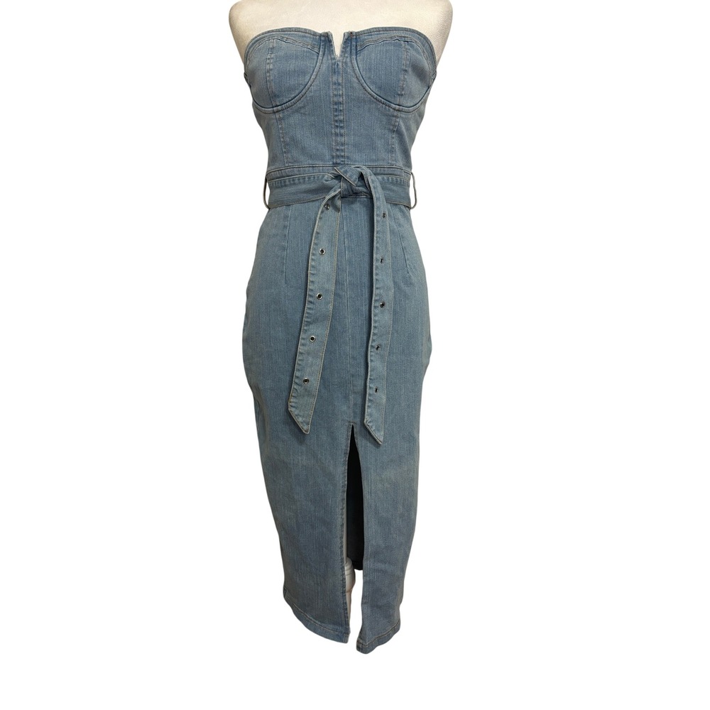 New Cutely Covered Denim Bodycon Dress Blue Strapless Bustier Belted Slit S